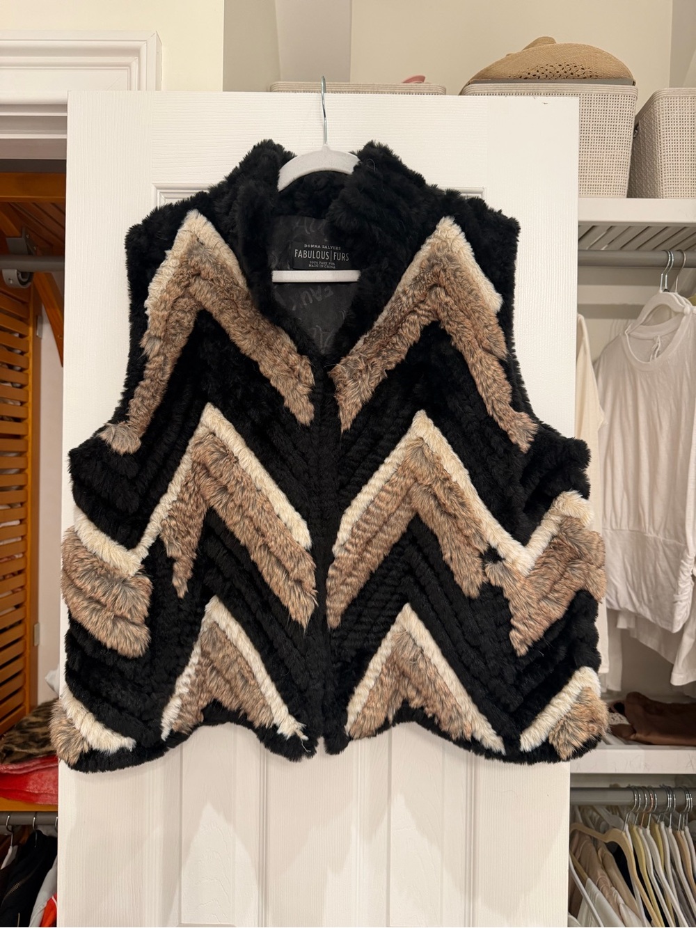 Fabulous Furs Chevron Faux-Fur Vest in Black, Brown & Cream